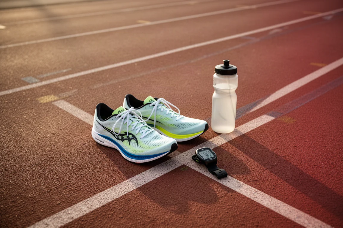 Track surface with running spikes and shoes laid out for interval reps
