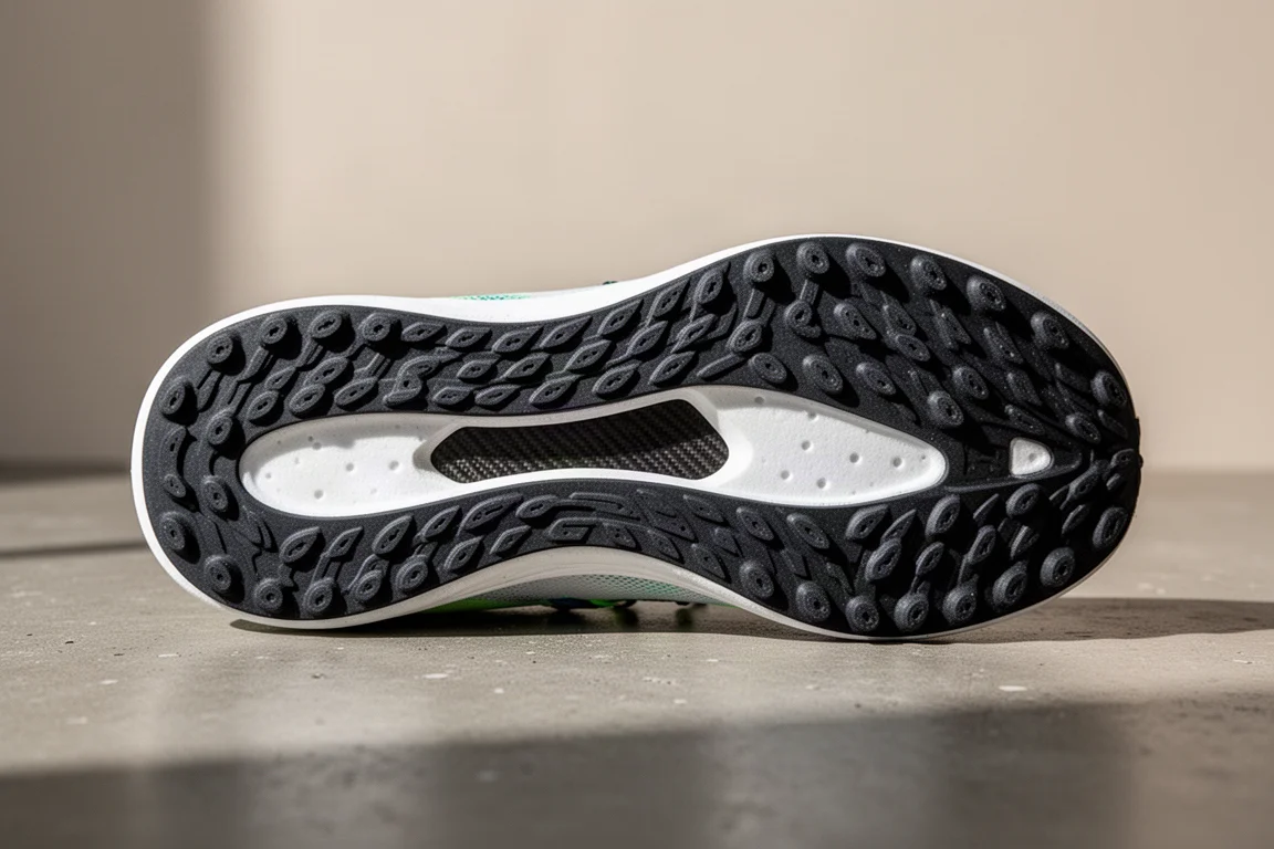 Carbon plate visible through the midfoot cutout of a running shoe outsole