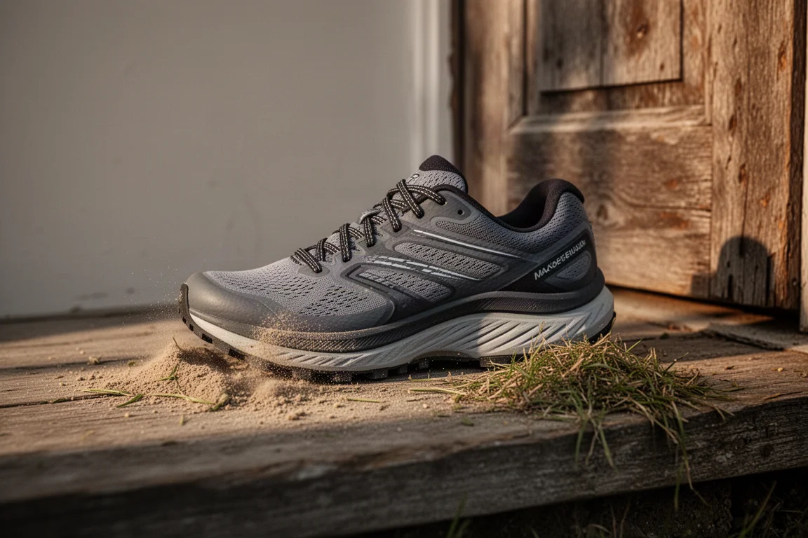 Zapatilla de trail apoyada en un escalón de madera tras una carrera