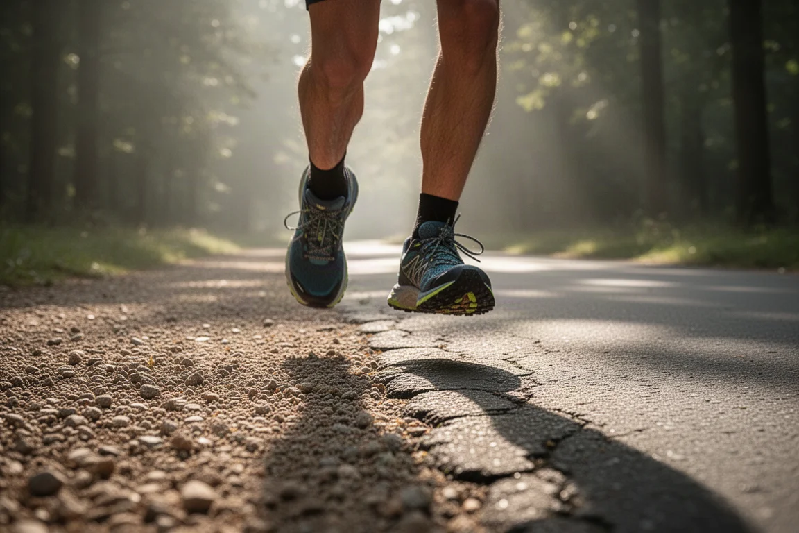 Pieds d'un coureur sur un chemin mixte gravier et asphalte dans la douce lumière du matin