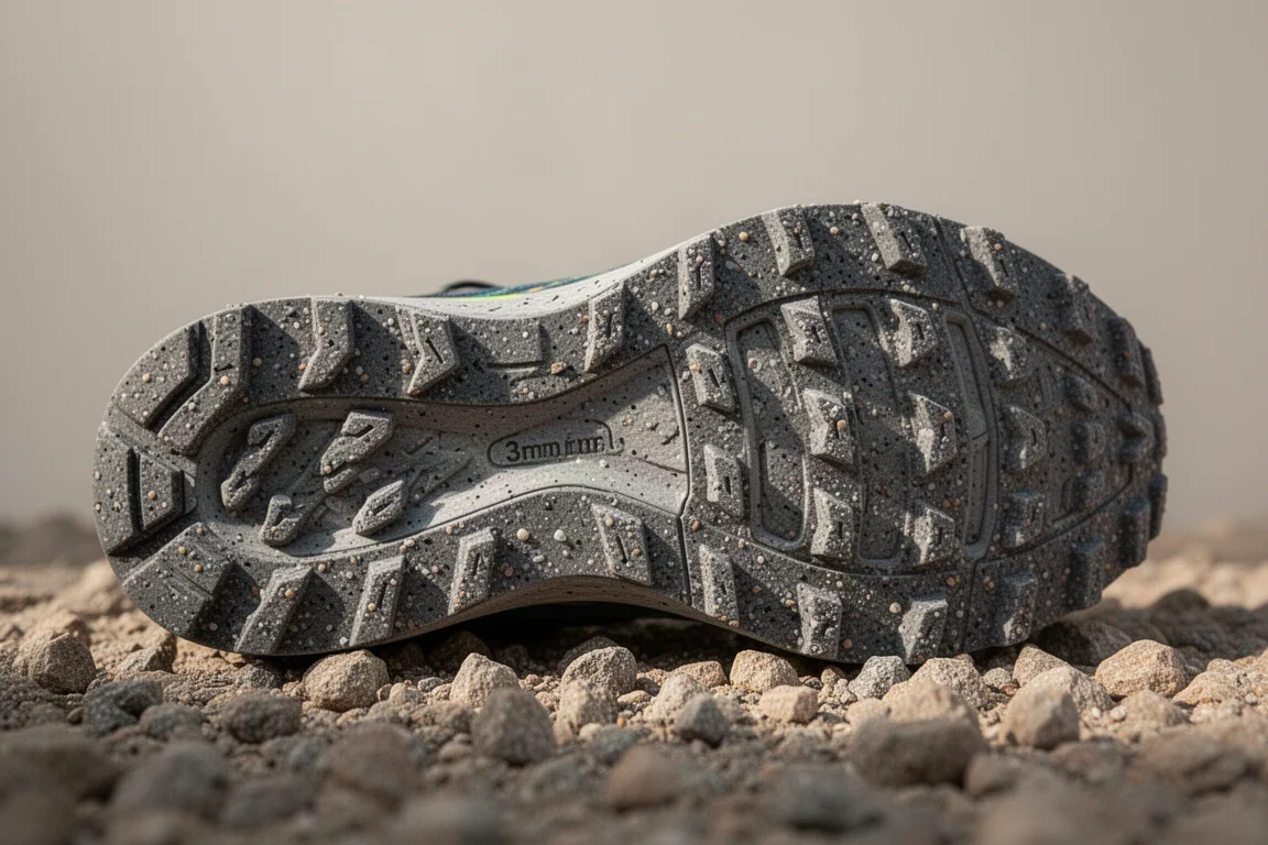 Gros plan sur les épais crampons en caoutchouc de la semelle d'une chaussure de running gravel