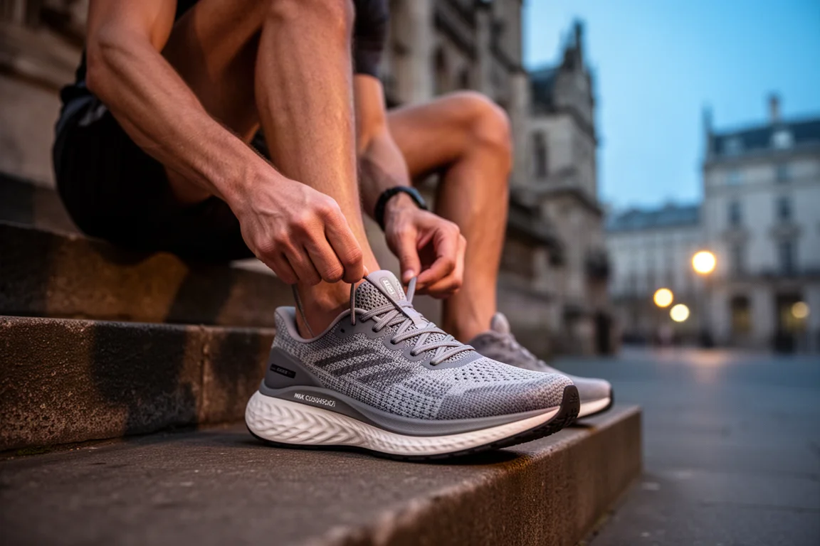 Läufer schnürt auf einem Stadtgehsteig einen Max-Cushion-Laufschuh vor dem frühen Morgenlauf