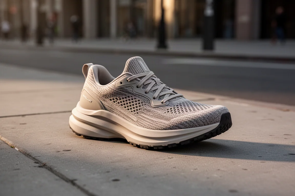 Kiprun Kipride Max max cushion running shoe on a concrete surface at dawn