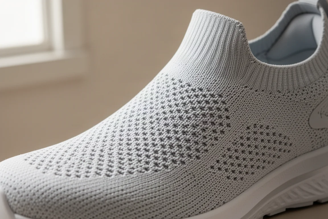 Nahaufnahme eines atmungsaktiven 3D-Gestrick-Obermaterials eines Laufschuhs vor neutralem Hintergrund