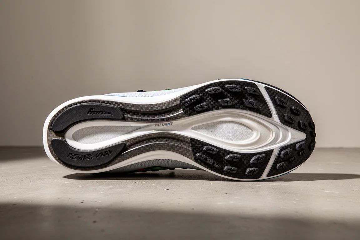 Untersicht einer Laufschuh-Mittelsohle mit Schaumschichten und Carbonplatte