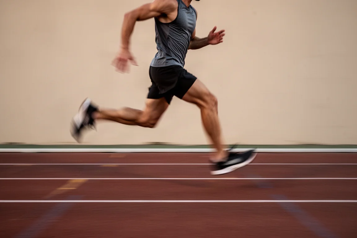 Läufer macht schnelle Intervalle auf einer Leichtathletikbahn im weichen Abendlicht