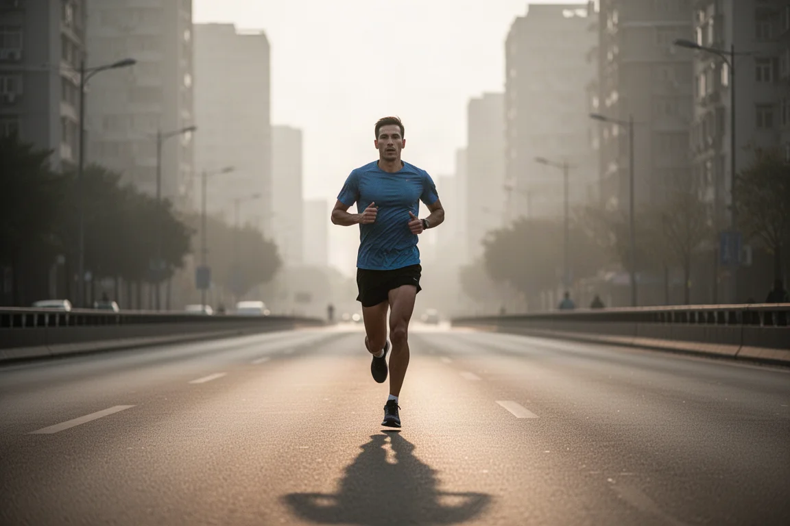 Läufer findet in ein gleichmäßiges Marathontempo auf ruhigen Straßen der Stadt