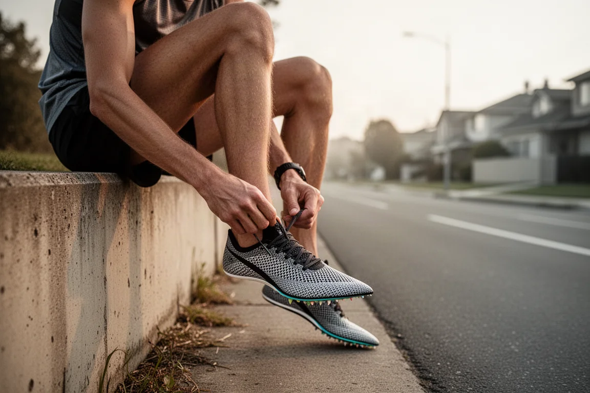 Runner lacing up a lightweight racing shoe on a roadside before a workout