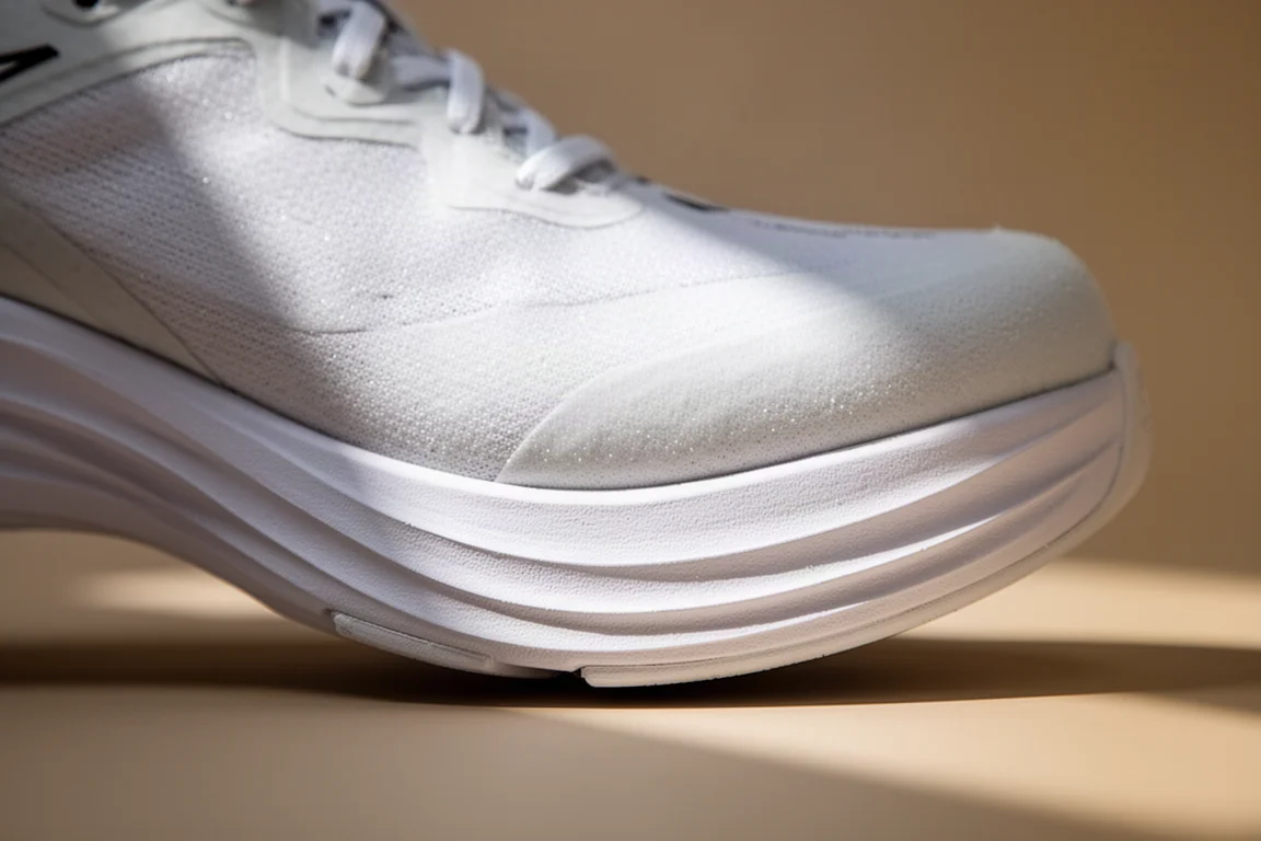 Close-up of an aggressive toe spring and rocker geometry on a race shoe midsole