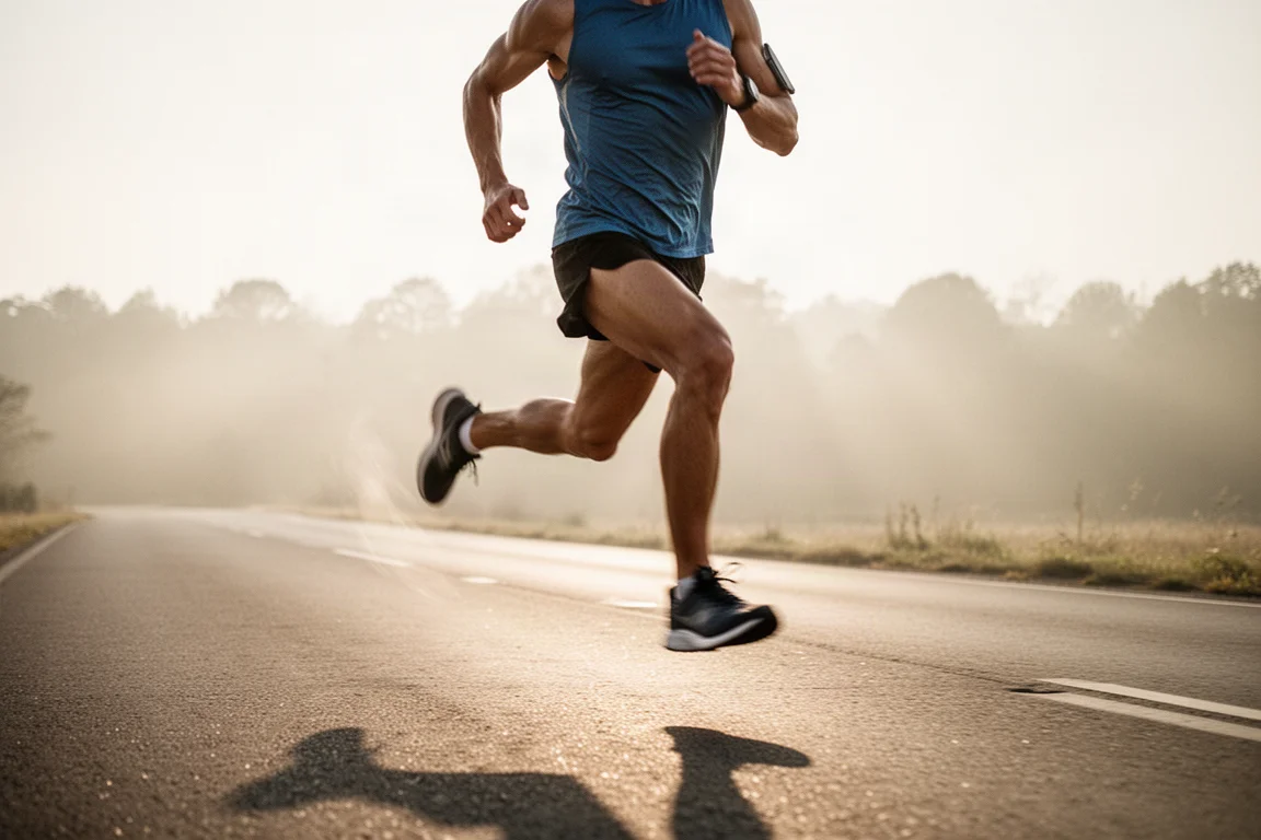 Runner mid-stride during a hard interval workout on a hot day
