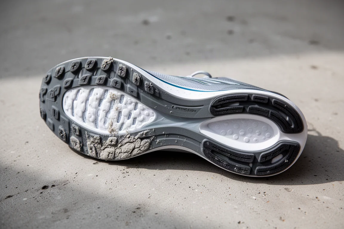 Worn outsole and foam showing early wear after a single hard run