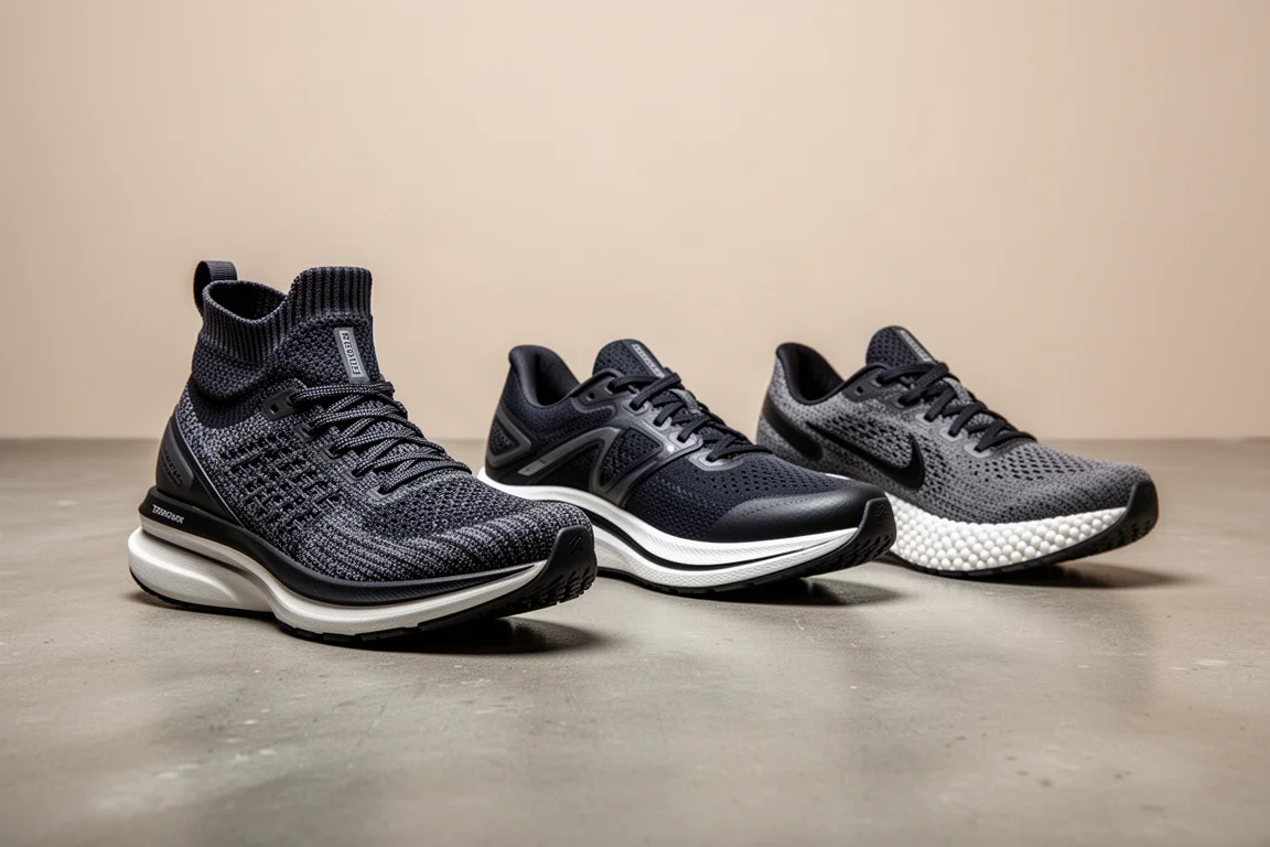 Tre scarpe da running tempo strutturate disposte su una superficie di cemento