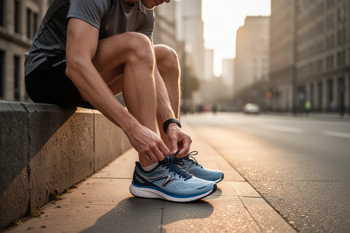 Runner lacing up running shoes on a quiet city street at dawn