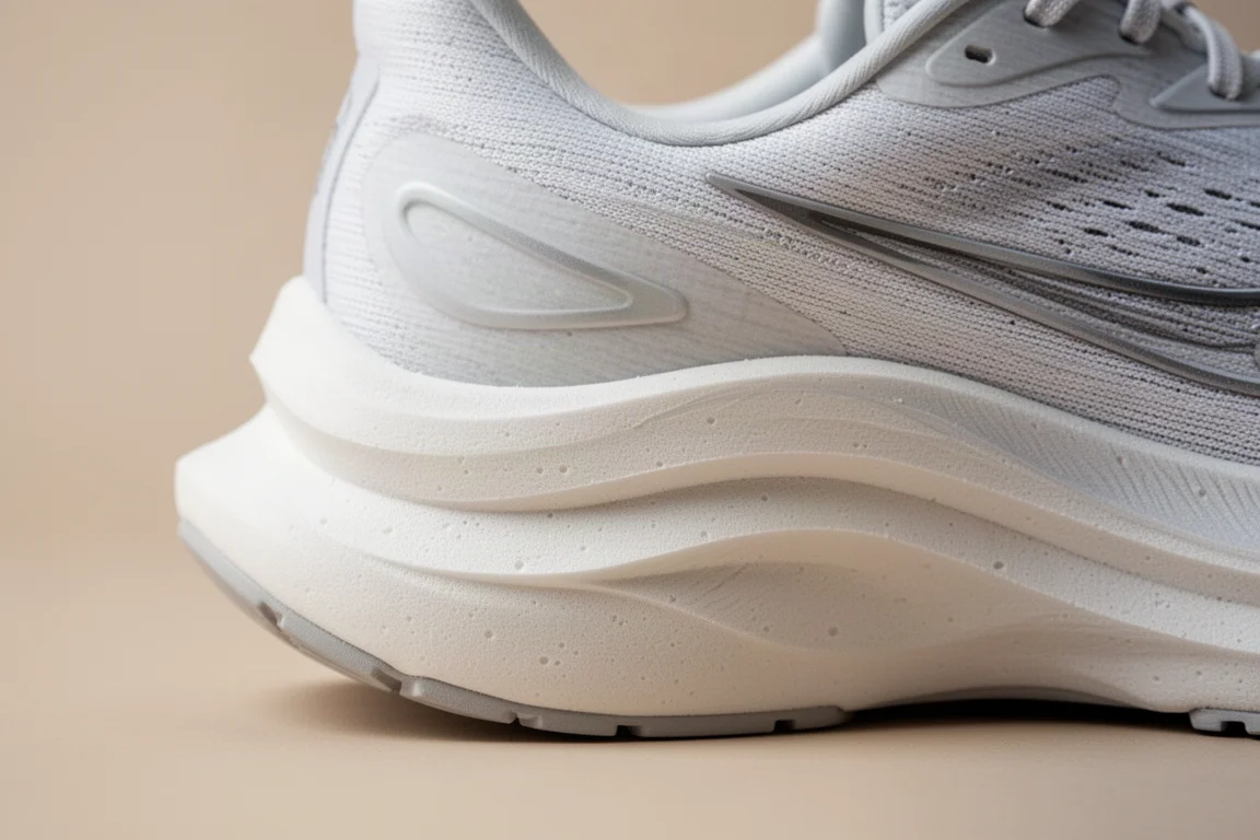 Close-up of a running shoe midsole showing foam layering and stack height