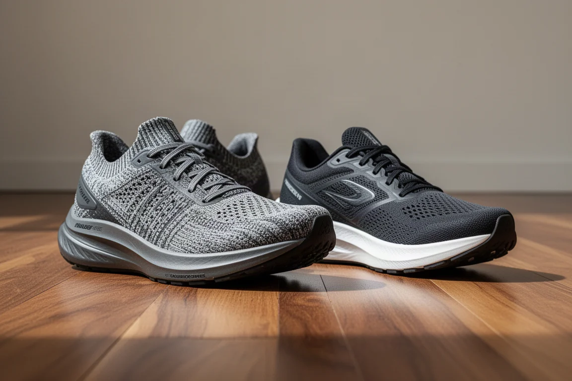 Running shoes placed side by side on a wooden floor for sizing comparison