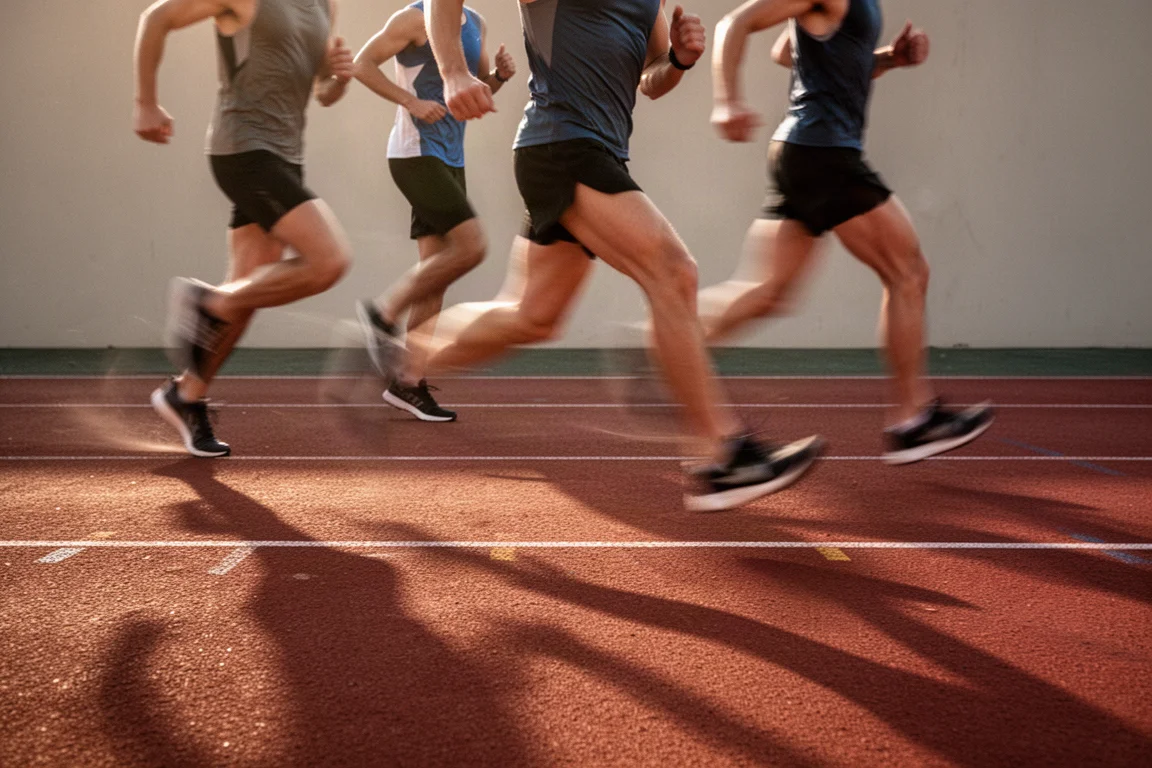 Runners training on a track during a fast interval session