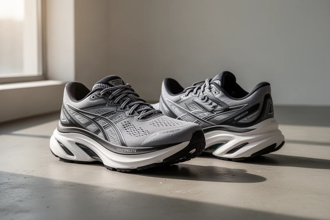 Deux chaussures de running à amorti maximal côte à côte sur une surface en béton