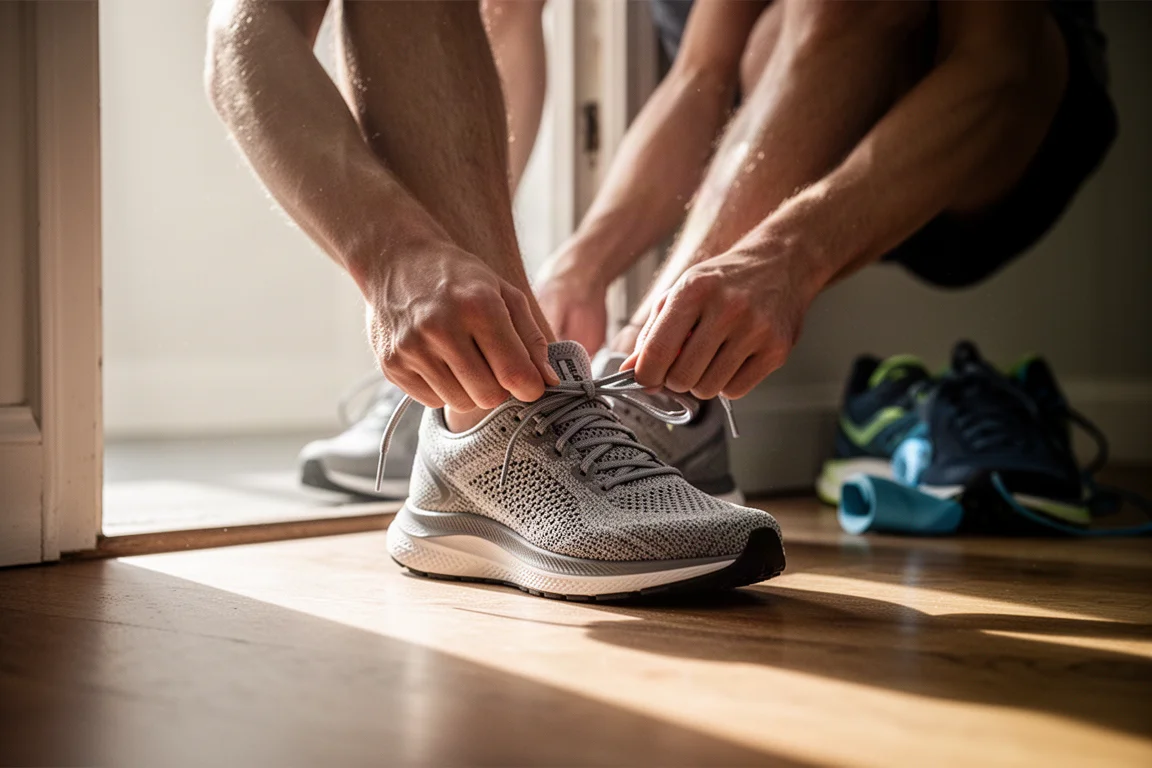 Un coureur lacent une chaussure de running tricotée devant une porte avant une sortie facile