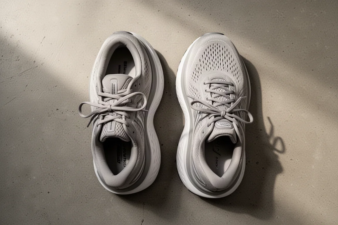 Two running shoes placed side by side on a concrete floor showing their different stack heights