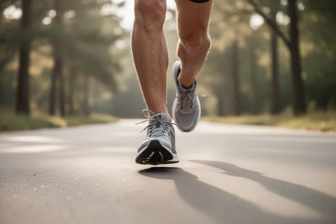 Close-up of a runner's feet mid-stride on a paved path in soft daylight