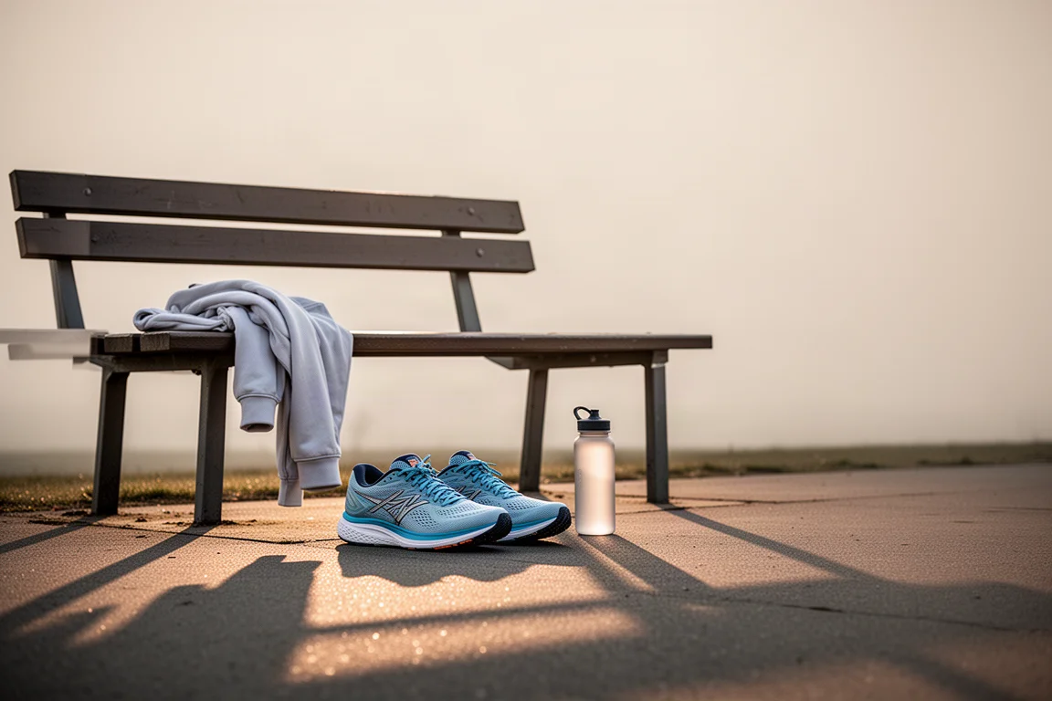 Running shoes and kit laid out next to a park bench before a training run