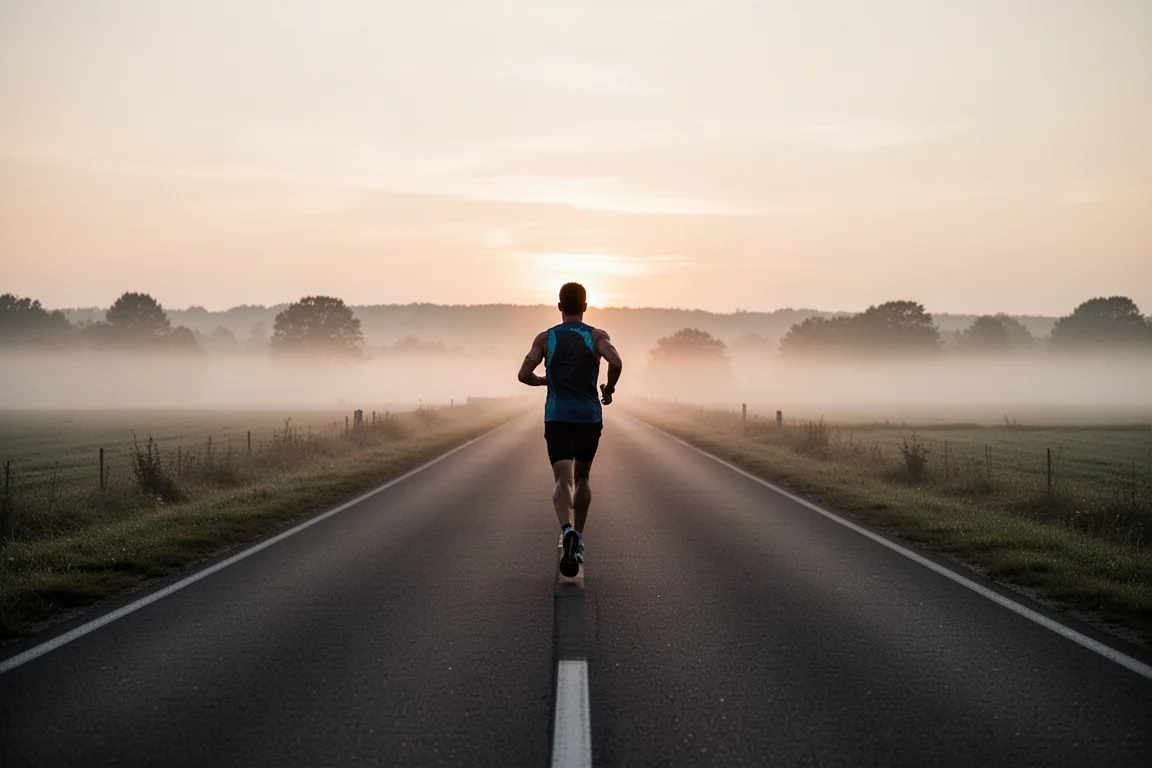 Runner in silhouette on a long open road during an early morning long run