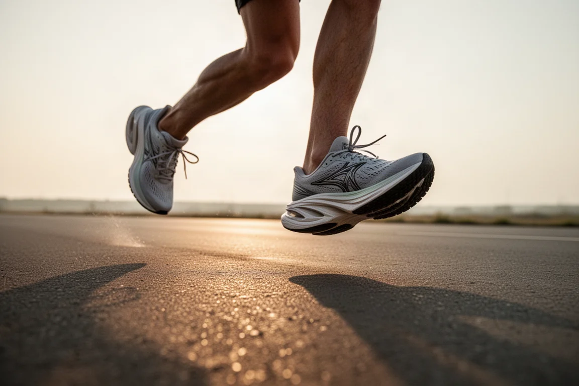 Los pies de un corredor con zapatillas de competición zancadas por una carretera abierta al amanecer