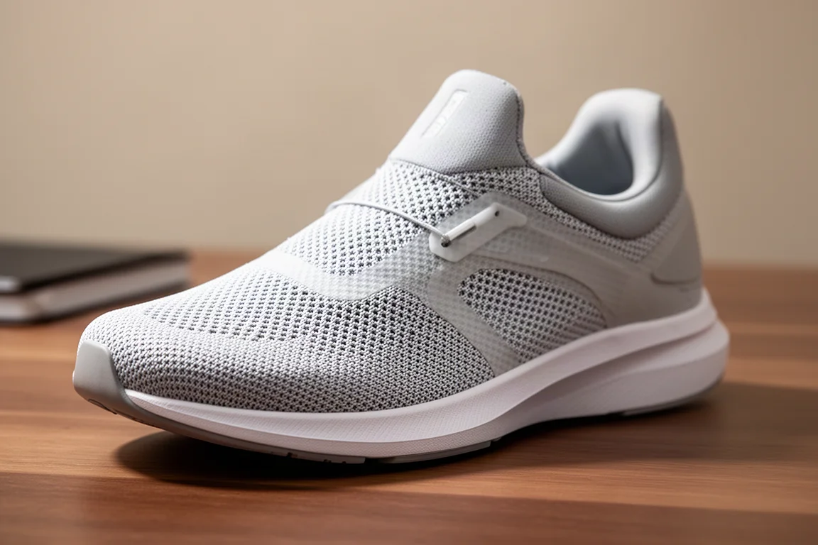Primer plano de un upper ligero de malla técnica en una zapatilla de competición