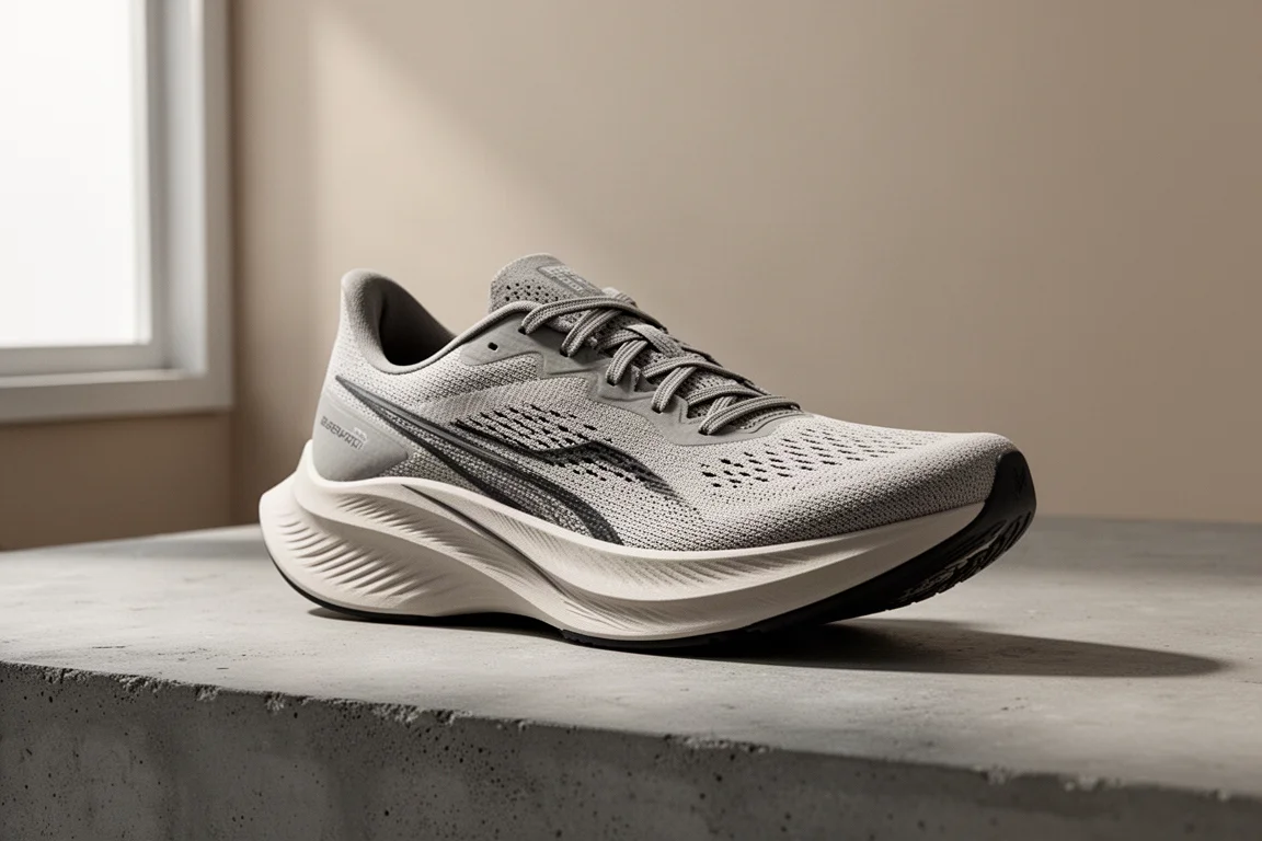 Kiprun Kiptorm Elite marathon racing shoe with thick sculpted midsole on concrete surface