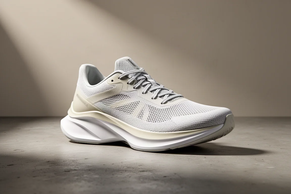 Lightweight carbon plate racing shoe on a matte concrete surface