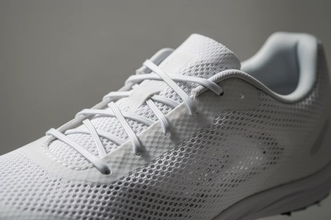 Lightweight racing shoe upper showing thin mesh texture and laces