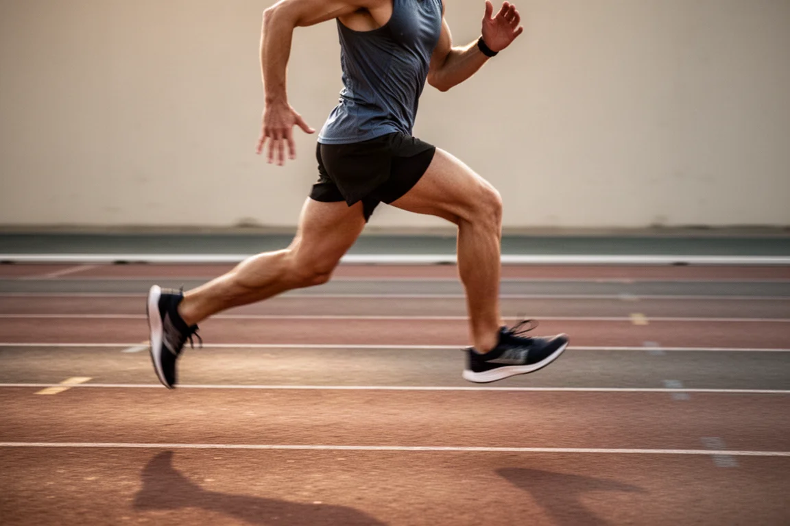 Runner striding on a running track during a fast interval session