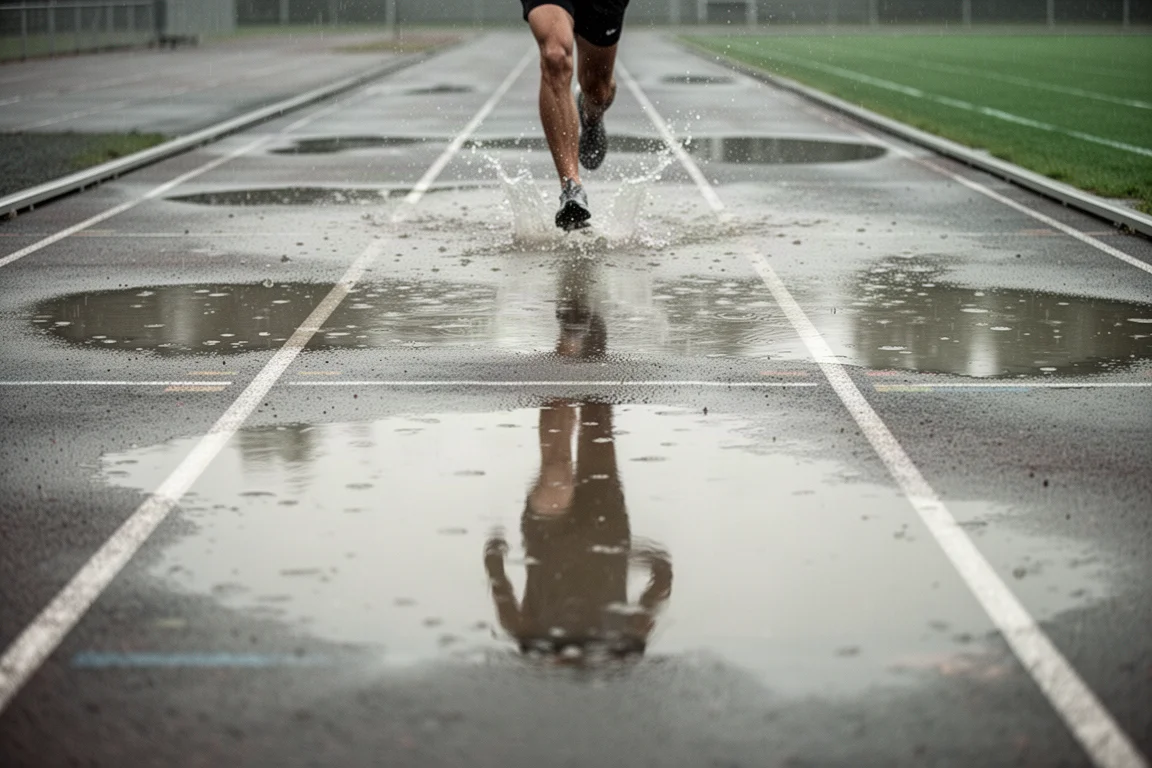 Track flooding with puddles on a rainy training day