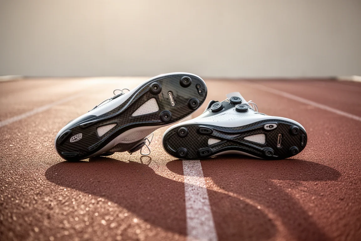 Two racing shoes side by side on a track surface after a workout