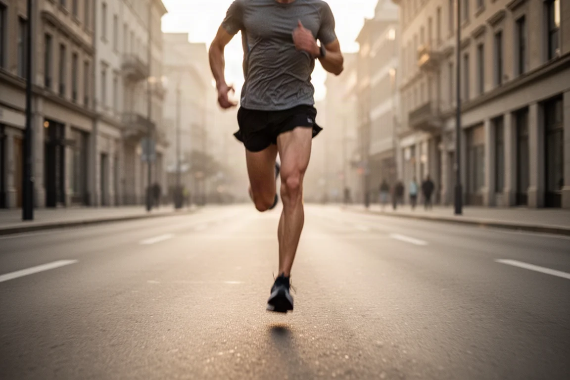 Runner picking up pace on an empty city street during a tempo run