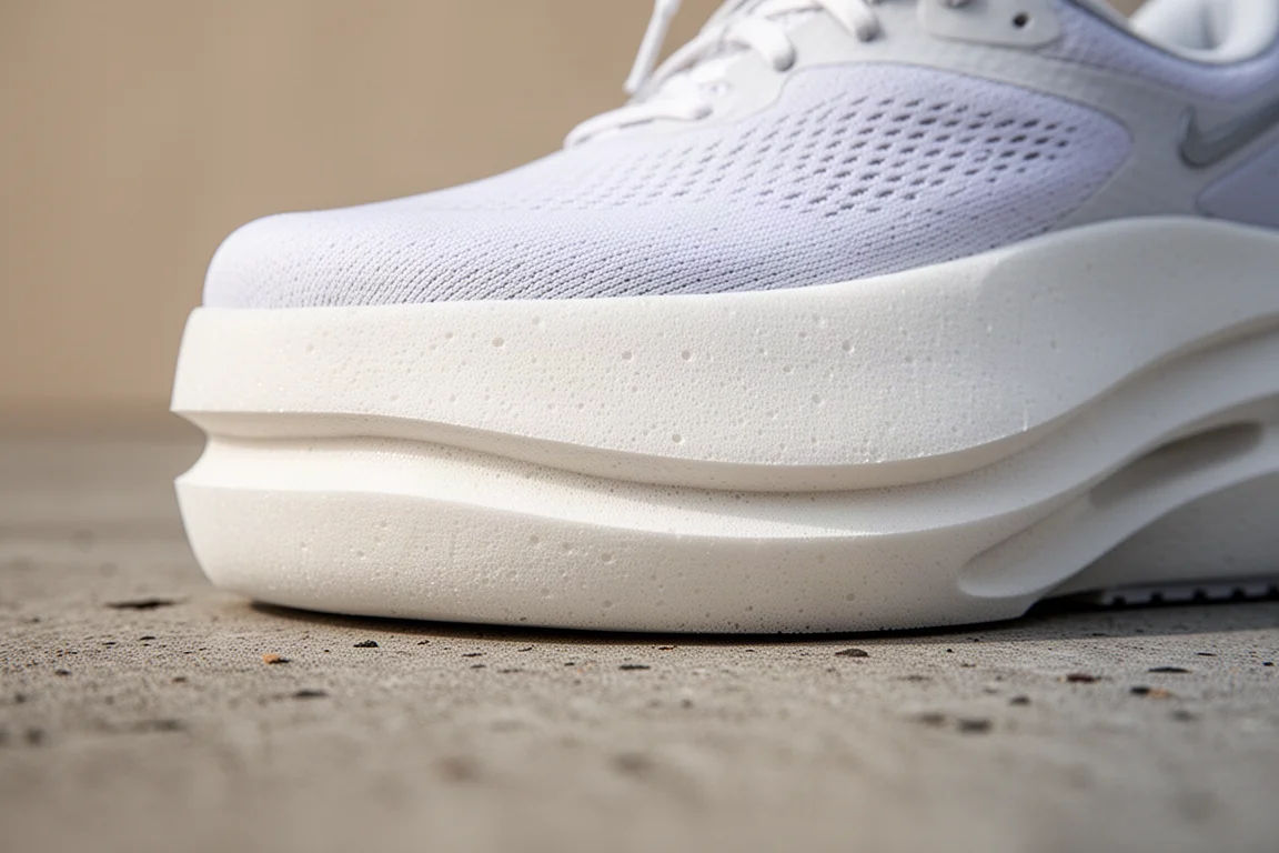 Close-up of a thick layered running shoe midsole showing dual-density foam