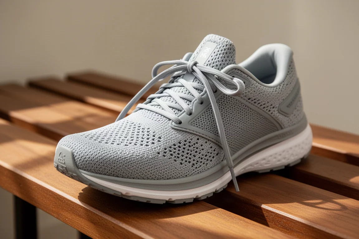 Breathable knitted running shoe upper with laces loosened on a wooden bench