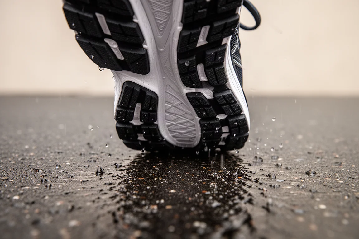 Thick rubber outsole of a running shoe gripping wet pavement