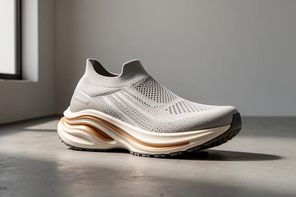 Performance running shoe with thick layered midsole on concrete surface