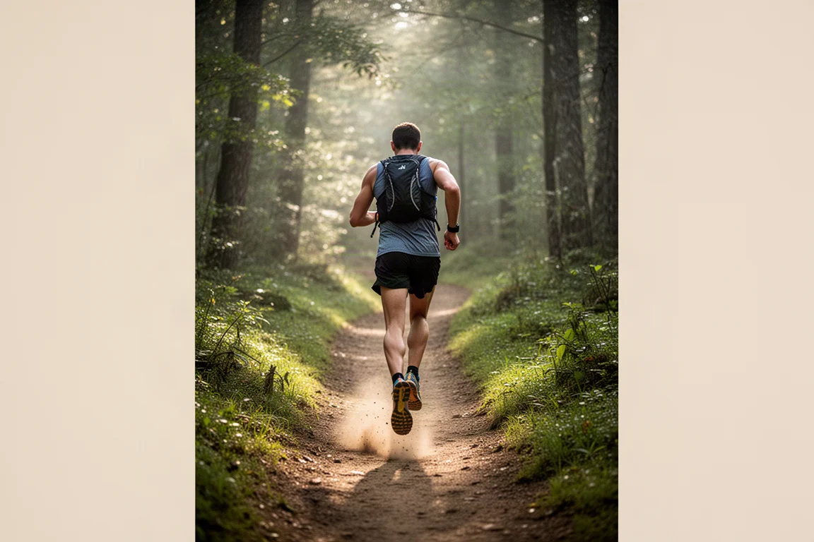 Trail runner on a single track path surrounded by trees in soft light