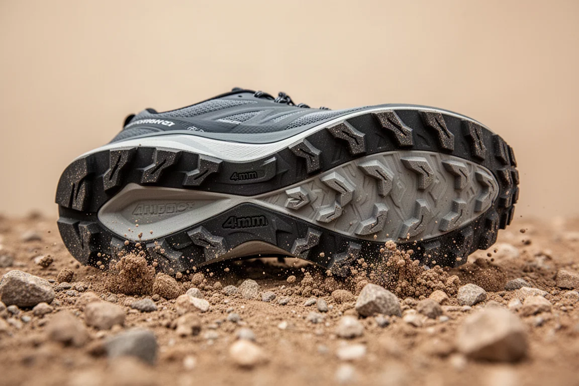 Close-up of a wide lugged trail outsole on rough terrain