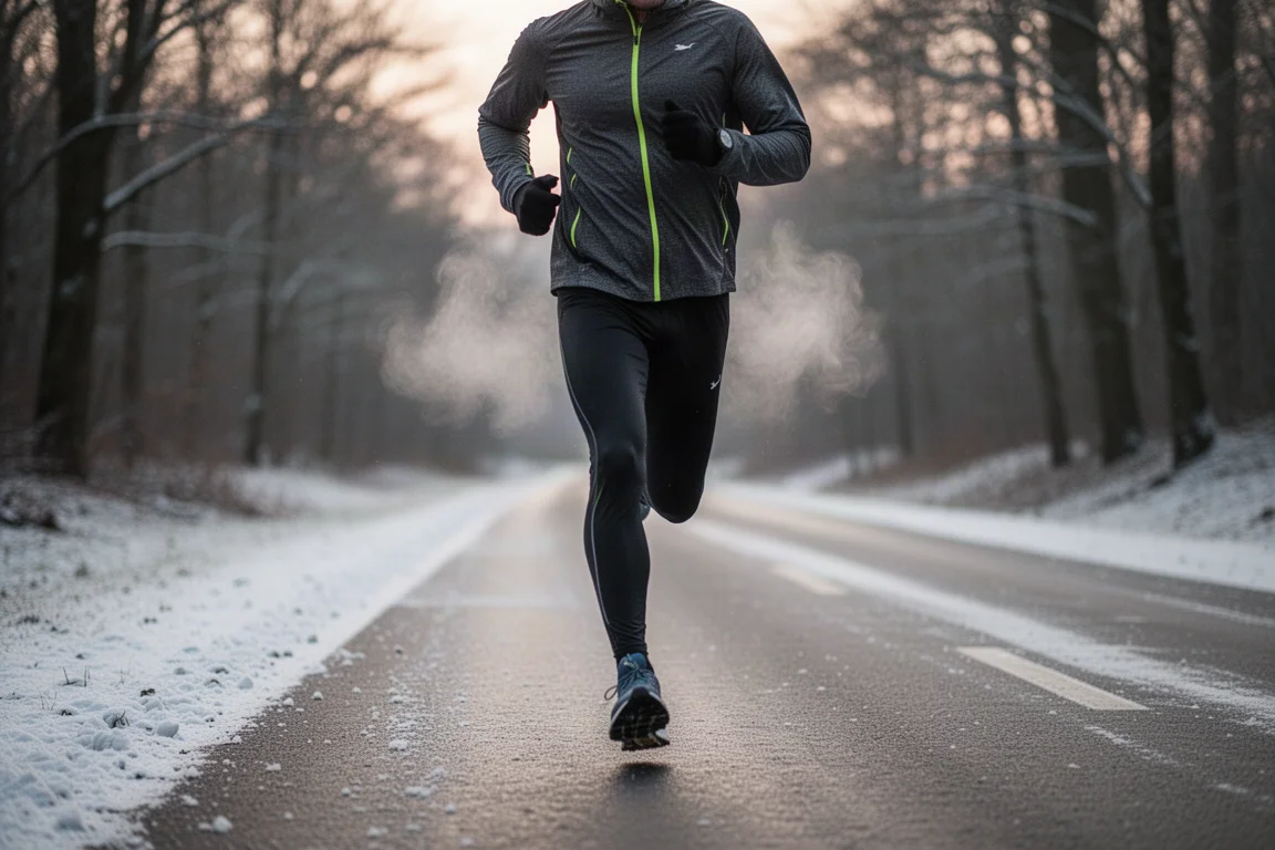 Runner picking up pace on a snowy paved road at dusk