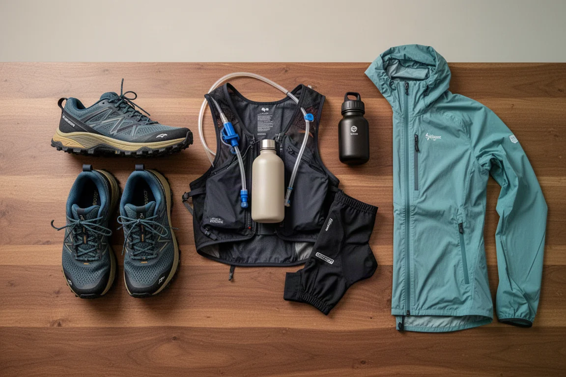 Top-down flat lay of trail running gear on a wooden surface