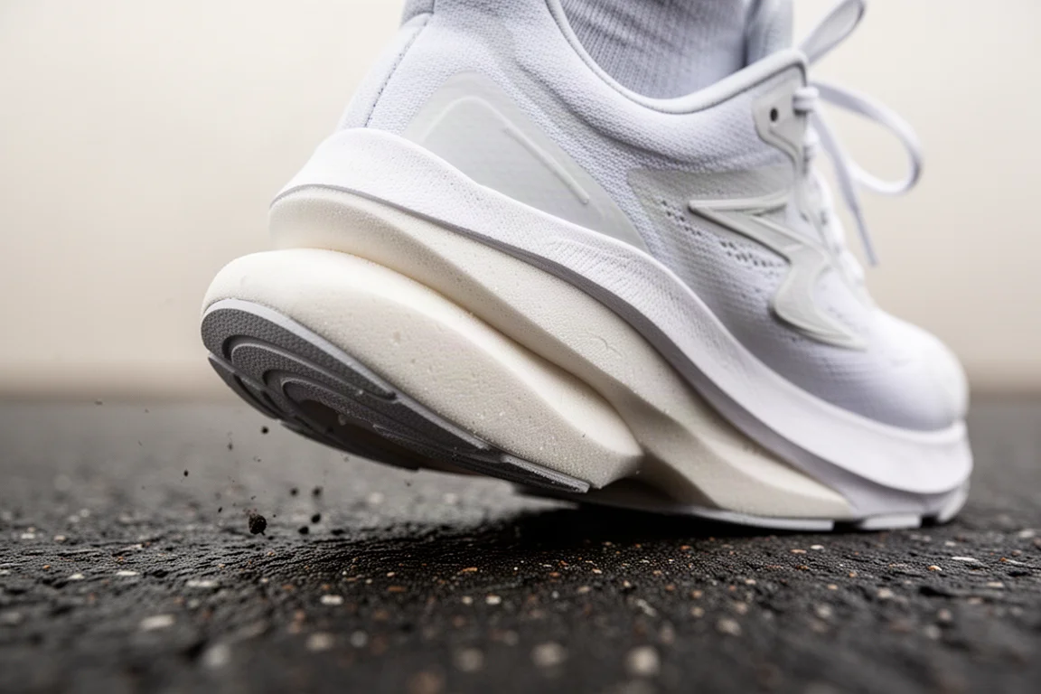 Primo piano di una midsole spessa che flette mentre un piede atterra sull'asfalto
