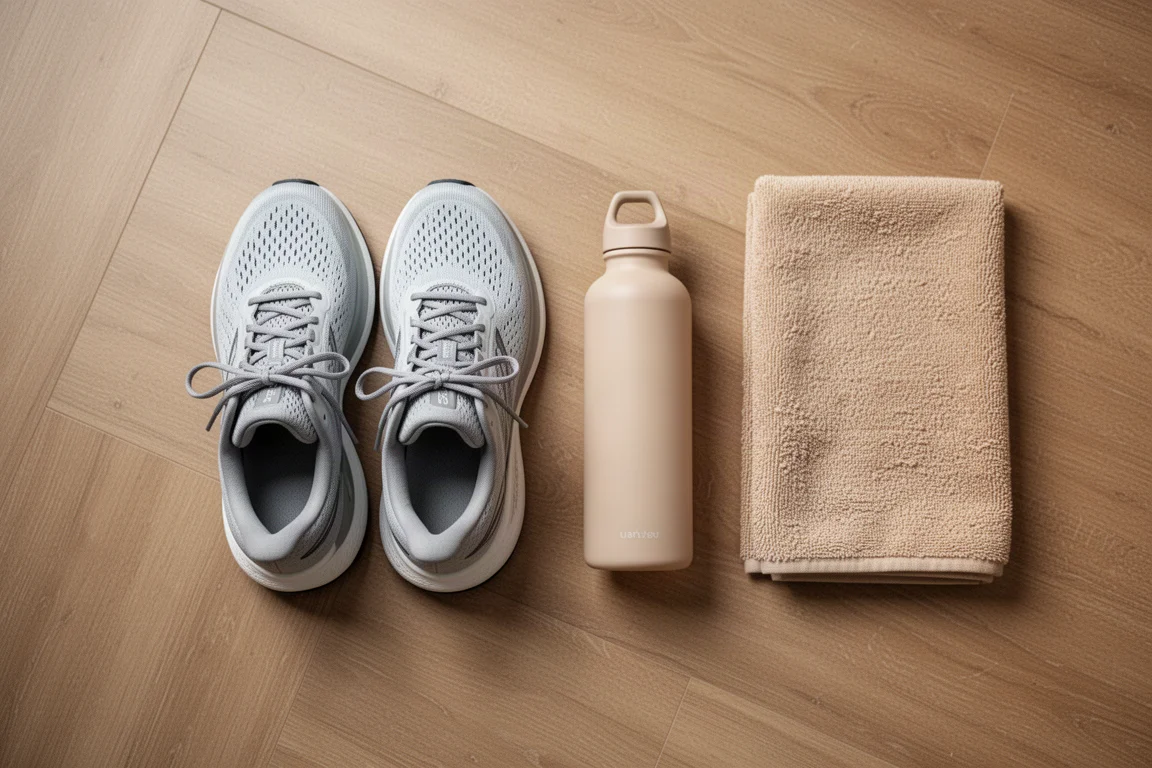 Scarpe da training per maratona appoggiate su un pavimento in legno accanto a una borraccia