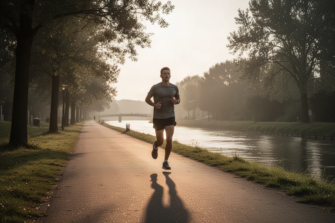 Runner che termina una corsa di recupero facile su un sentiero lungo il canale all'ora d'oro