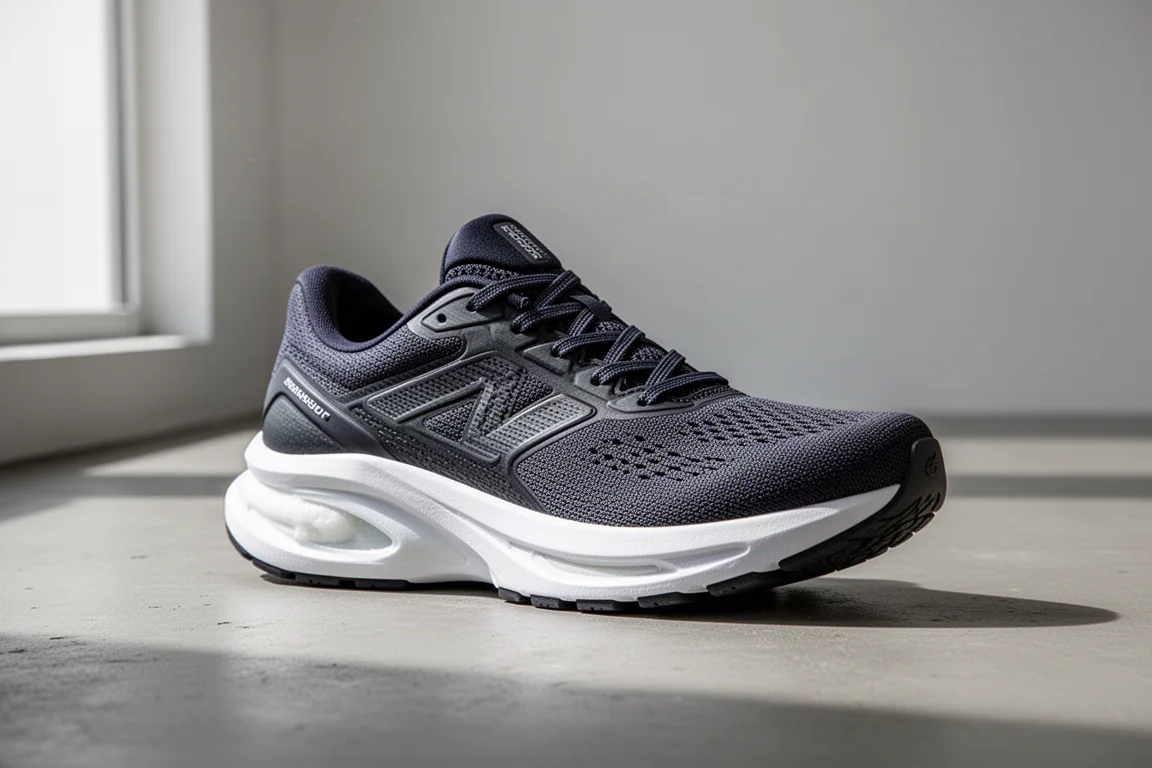 Max cushion road running shoe with thick white midsole on concrete surface