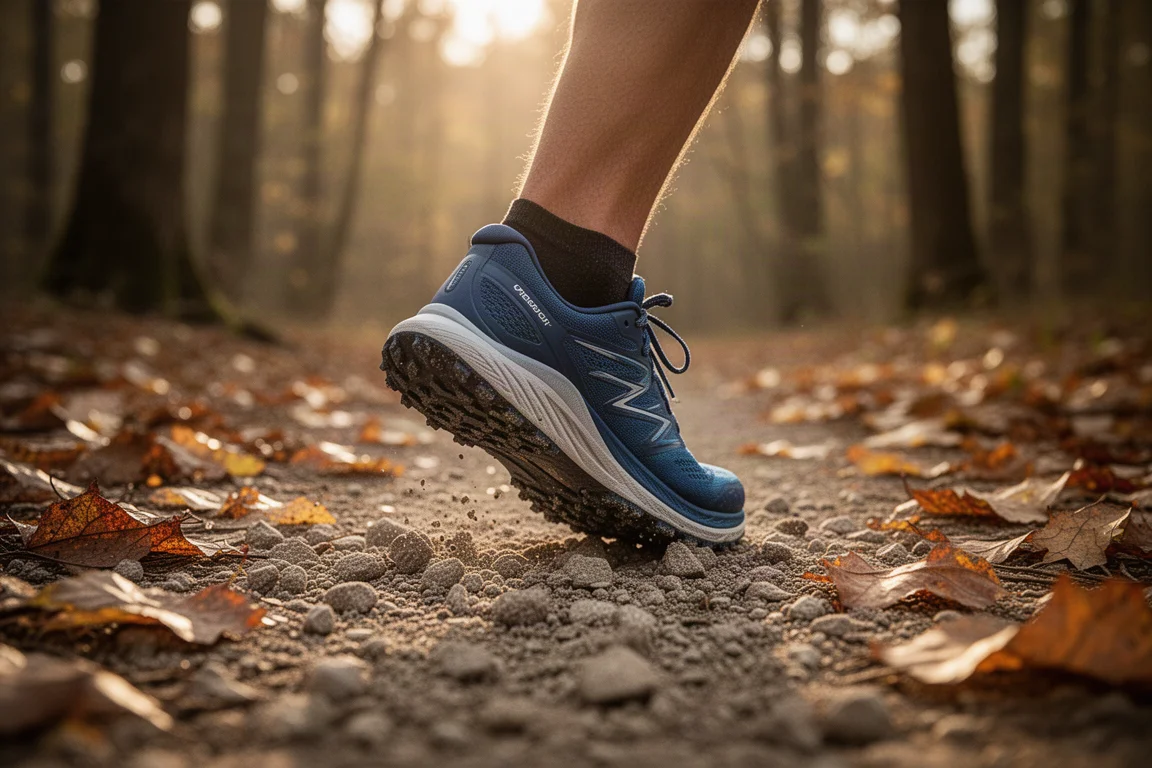 Trailrunner schnürt einen Trailrunning-Schuh mit Quick-Lace-System auf einem sonnenbeschienenen Waldweg
