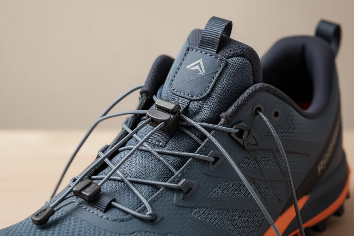 Nahaufnahme eines Quick-Lace-Systems und einer dünnen Zunge an einem Trailrunning-Schuh