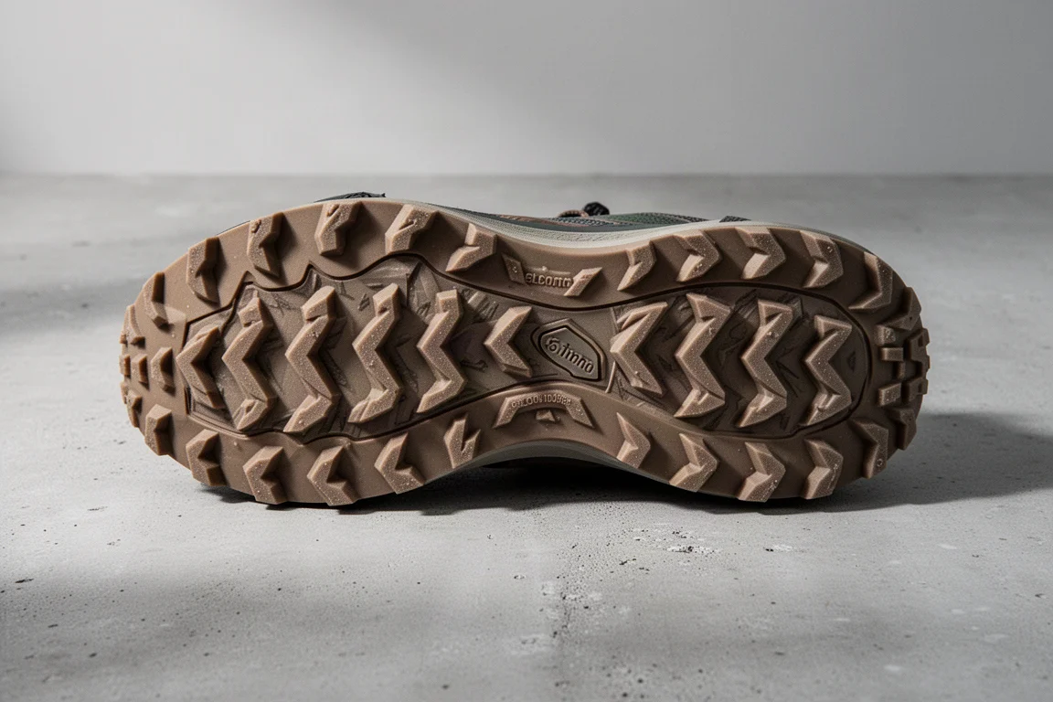 Aussensohle eines Trailrunning-Schuhs mit kräftigen Chevron-Stollen auf Beton